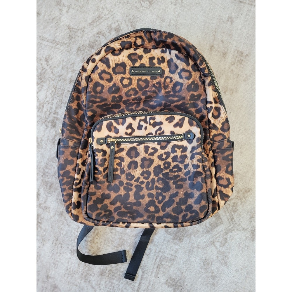 Adrienne Vittadini Leopard Print Nylon Backpack Travel Bag Gold Hardware